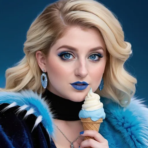 Prompt: Meghan trainor eating candy ice cream, blue lipstick, snowy beach, blue heart necklaces, Thick blue fur coat, Black Cape, pleasant face, blue spiral eyes, blue eyeshadow, long ice earrings. Cold color scheme, ultradetailed, 8k resolution, perfect, smooth, high quality, shiny. 