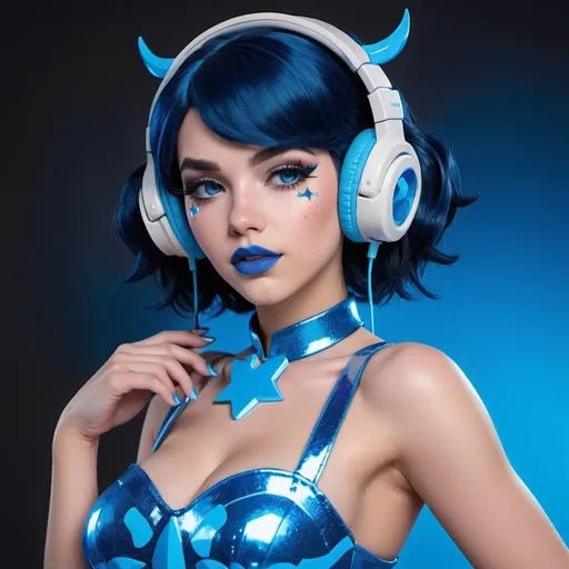 Prompt: 2020s, Mei Overwatch as a female popstar wearing a blue headphones, aqua blue lipstick, glossy and sparkling lips, blue makeup including blue eyeshadow and blue blush, dark blue hair, blue eyebrows, blue eyes, colourised, blue plastic gown, full body shot, photography, blue hearts and stars, euphoric.