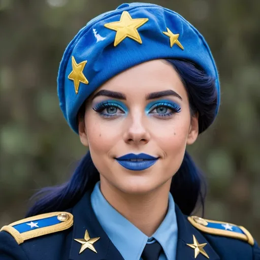 Prompt: 2010s, Brown Brazilian female officer wearing a blue beret, blue lipstick, blue makeup including blue eyeshadow and blue blush, blue hair, blue eyebrows, blue eyes, colourised, blue uniform beret, full body shot, photography, blue hearts and stars soft smile.