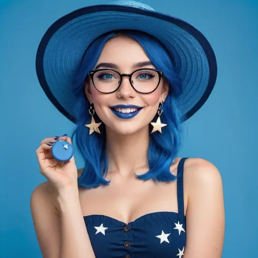 Prompt: 2020s women wearing blue sun hat, blue lipstick, blue makeup including blue eyeshadow and blue blush, blue hair, blue eyebrows, blue glasses, blue eyes, colourised, blue skirts, blue nails, full body shot, photography, blue hearts and stars earrings, smile.