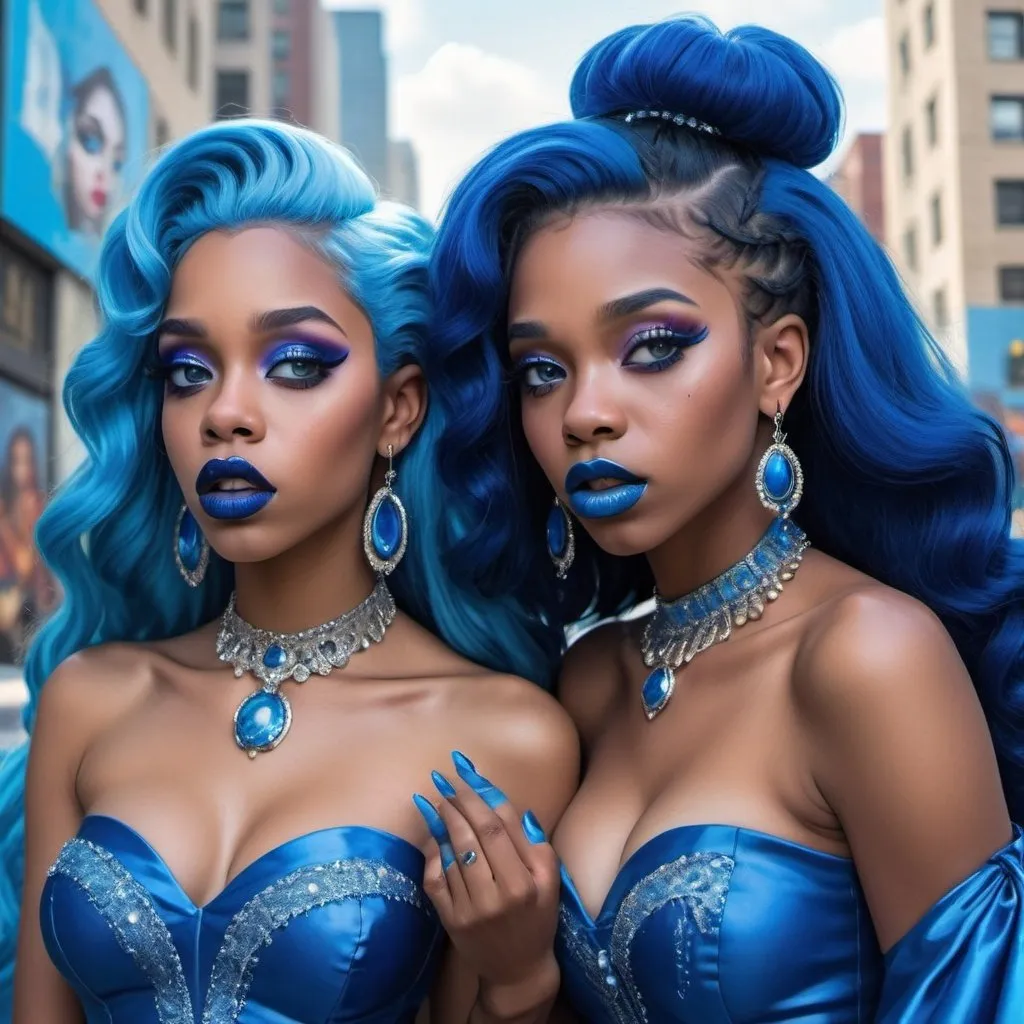 Prompt: a picture of 2 black women with long blue hair, posing together large blue eyes wearing blue ball gowns, blue eyeshadow, and blue lipstick coughing at the camera, blue makeup, jewerly on hands, Artgerm, fantasy art, realistic shaded perfect blue face, a detailed painting, propaganda city background, 18 years old, blue lipstick 