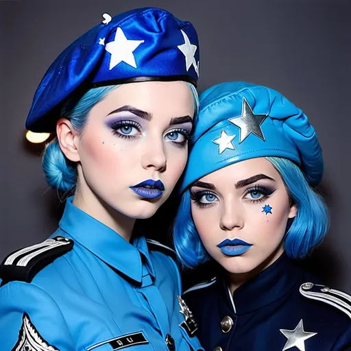 Prompt: 2010s,  two female officers wearing a blue beret, blue lipstick, blue makeup including blue eyeshadow and blue blush, blue hair, blue eyebrows, blue eyes, colourised, blue uniform beret, full body shot, photography, blue hearts and stars serious faces.