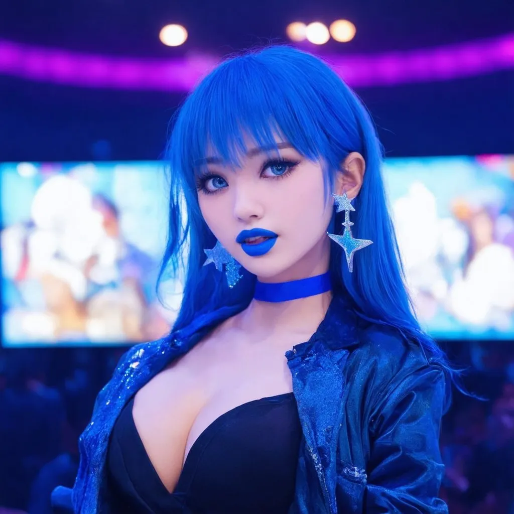 Prompt: 2020s, Japanese women, blue choker, blue eyes, blue hair, blurry, blurry background, disco, party, choker, cross, blue cross earrings, depth of concert hall, blue heart earrings, blue eyeshadow, blue lights, jacket, jewelry, k/da \(league of legends\), lips, blue lipstick, long blue hair, looking at viewer, makeup, tv screens, photo \(medium\), piercing, solo, star \(symbol\), blue star earrings, star print, bigbreast