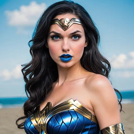 Prompt: Wonder Woman bimbo hypnotic  blue lips 