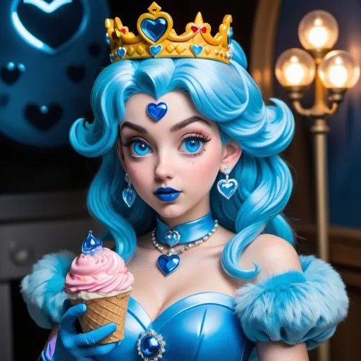 Prompt: Princess peach with ultradetailed large shiny blue lips, Blinding Heart Earrings, Blue Xtra Large Metal Ball Gown, blue plastic Gloves with blue Fur, Glowing Blue eyes, Artisans Cut Gleaming blueberry Ice Cream Tiara. Pristine blue hair, confident facial expression, Full eyebrows with blue tint, blue Candy necklace, Wintry Aura, blue Armor Plated Shoulders, Cake Covered blue wand, Sharp Nails, Auroras in eye of hurricane. Blue Moon. High resolution, Realistic, Cold color scheme, high radiance.