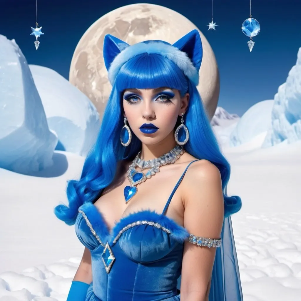 Prompt: Blue cleopatra, Heavy snow, Giant Blue Orb in Sky, Long Straight Blue hair, Ice crystal tiara, Thick bushy blue eyebrows, medium sized nose, plump diamond shape face,  Blue lipstick, ethereal blue eyes, blue Triangle Star earrings, soft ears, Large blue plastic chain around neck, Blue heart necklaces, blue candy shaped rings, Large blue fur coat with blue plastic gloves. Long Blue Skirt with moons.