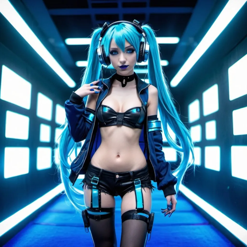 Prompt: Cyber goth hatsune miku, electronic dance, full body view, blue lipstick, blue eyes, blue eyeshadow, blue crop top, blue jacket, blue nails, blue hair, blue headphones, blue microphone, blue speakers, blue lights shining, walking the blue carpet