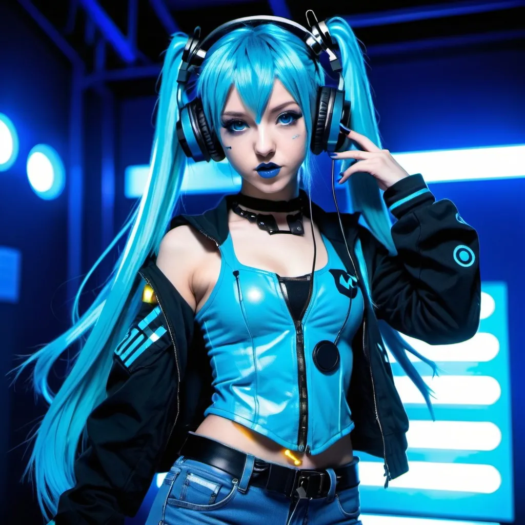 Prompt: Cyber goth hatsune miku, electronic dance, full body view, blue lipstick, blue eyes, blue eyeshadow, blue crop top, blue jacket, blue nails, blue hair, blue headphones, blue microphone, blue speakers, blue lights shining, media studio with cameras pointed at her, full lips, Checkmark on her crop top