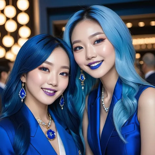 Prompt: a picture of 2 korean women with long blue hair, posing together large blue eyes wearing blue suits, blue eyeshadow, and blue lipstick, closed smiles at the camera, blue makeup, jewelry on hands, Artgerm, fantasy art, realistic shaded perfect blue face, a detailed painting, modern newsroom background, 30 years old, blue lipstick, blue star badge on their suits. Signature