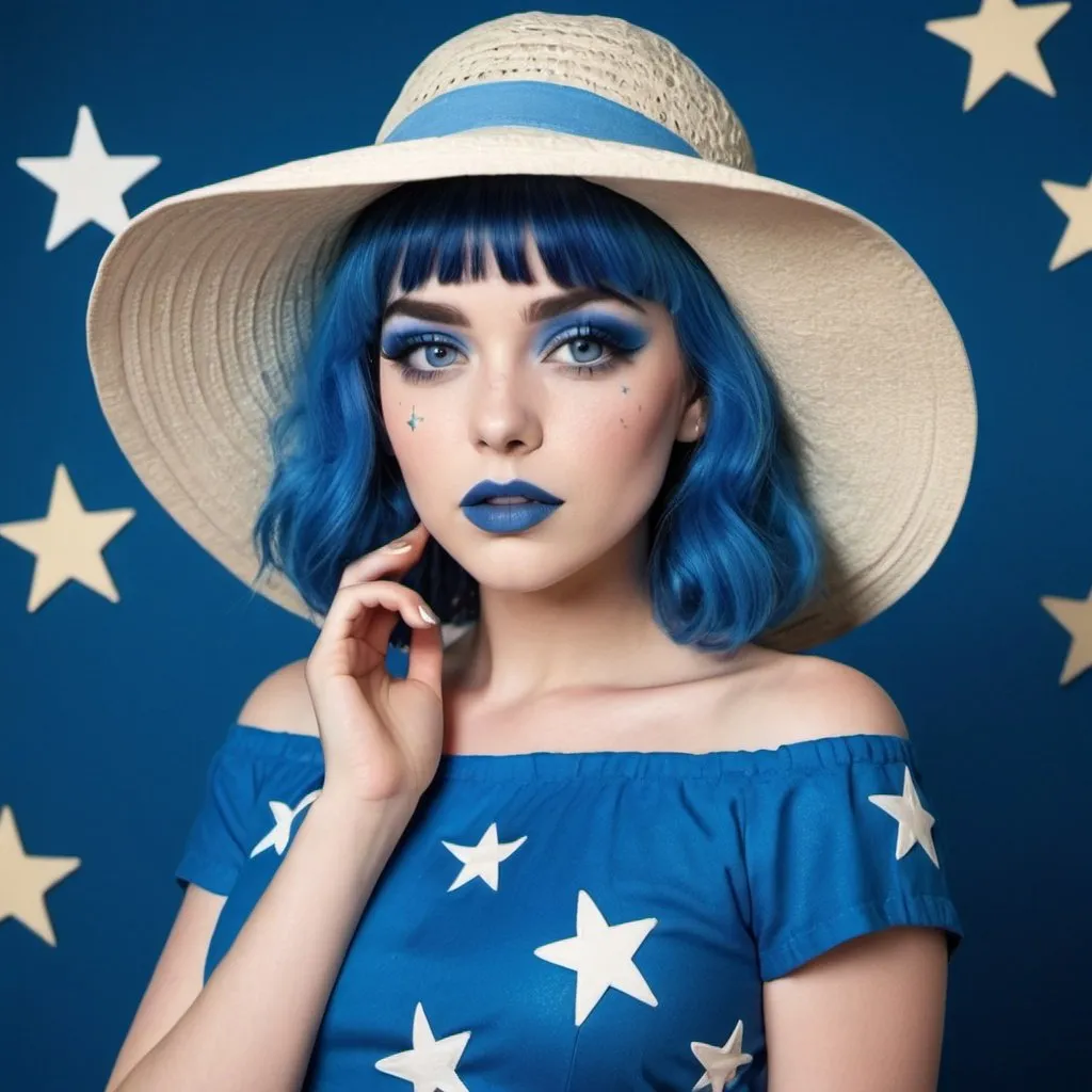Prompt: 2010s,  female actress wearing blue sun hat, blue lipstick, blue makeup including blue eyeshadow and blue blush, blue hair, blue eyebrows, blue eyes, colourised, blue skirts, full body shot, photography, blue hearts and stars neutral expression.