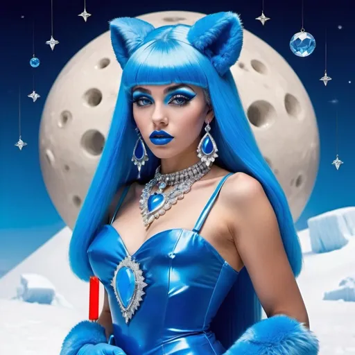 Prompt: Blue cleopatra, Heavy snow, Giant Blue Orb in Sky, Long Straight Blue hair, Ice crystal tiara, Thick bushy blue eyebrows, medium sized nose, plump diamond shape face,  Blue lipstick, ethereal blue eyes, blue Triangle Star earrings, soft ears, Large blue plastic chain around neck, Blue heart necklaces, blue candy shaped rings, Large blue fur coat with blue plastic gloves. Long Blue Skirt with moons.