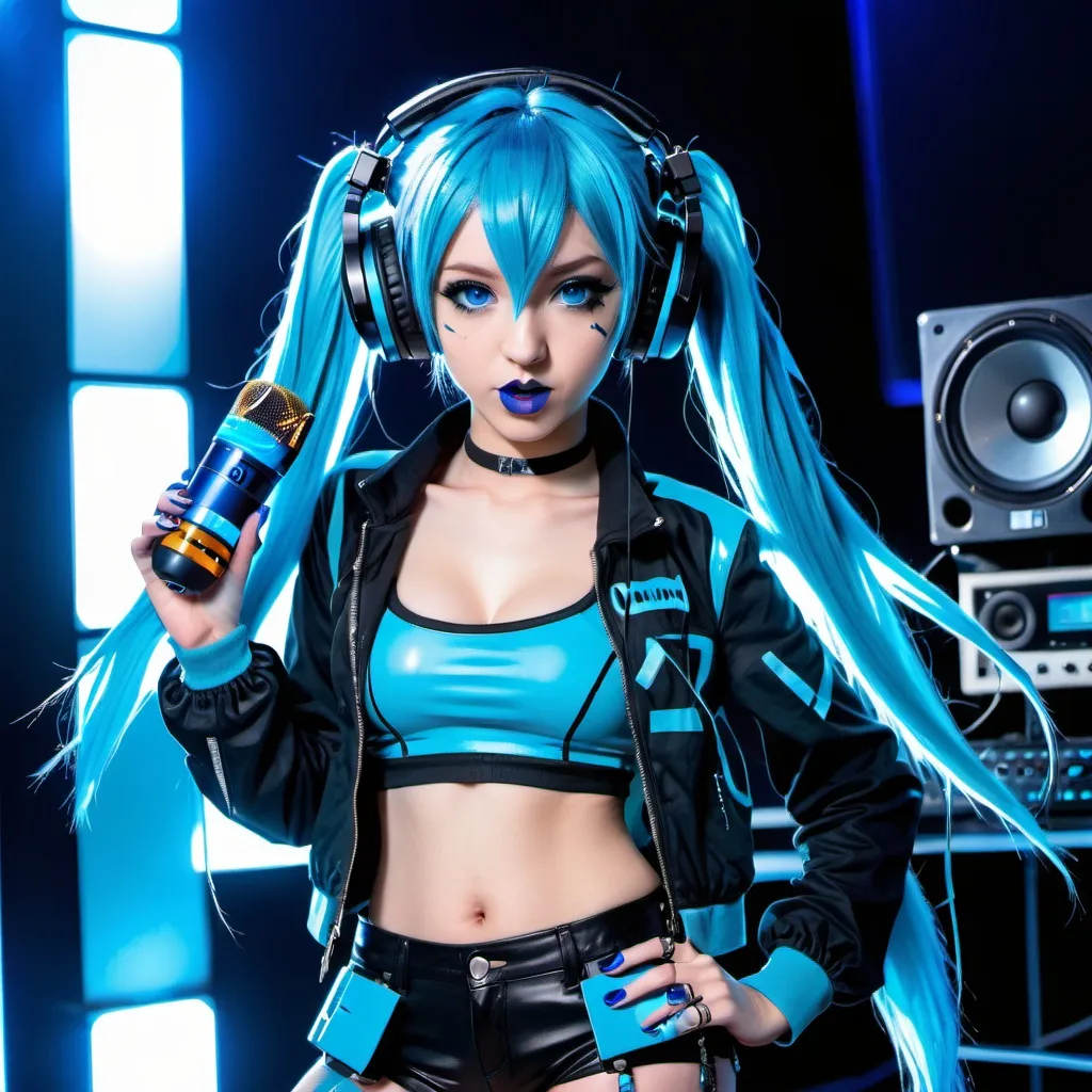 Prompt: Cyber goth hatsune miku, electronic dance, full body view, blue lipstick, blue eyes, blue eyeshadow, blue crop top, blue jacket, blue nails, blue hair, blue headphones, blue microphone, blue speakers, blue lights shining, media studio with cameras pointed at her, full lips, Checkmark on her crop top