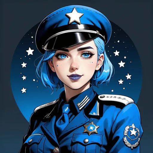 Prompt: Anime Dieselpunk female officer wearing a blue beret, blue lipstick, blue hair, blue eyebrows, blue eyes, colourised, blue uniform beret, full body shot, anime lineart style, blue hearts and stars，soft smile.