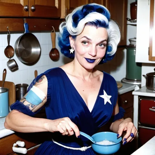 Prompt: 1950s, 40 year old white woman, mother, in kitchen, blue lipstick, blue hair, Puffy face, slight smile, long ice nails, Spiral earrings, dark blue gown, blue Star Patch,  spoon stirring pot.
