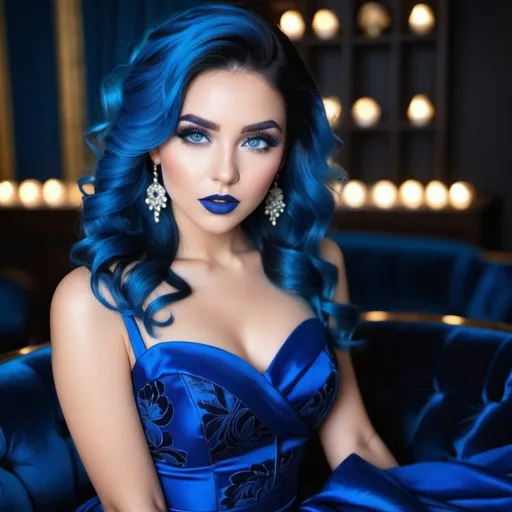 Prompt:  A woman, blue makeup, blue lipstick, blue eyes, blue hair, blue eyebrows, blue blush, blue silk pattern dress, long dark blue skirt, blue finger nails. Photograph, realistic, any facial expression.