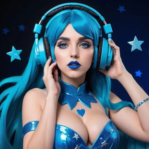 Prompt: 2020s, Palutena as a female popstar wearing a blue headphones, aqua blue lipstick, glossy and sparkling lips, blue makeup including blue eyeshadow and blue blush, dark blue hair, blue eyebrows, blue eyes, colourised, blue plastic gown, full body shot, photography, blue hearts and stars, euphoric, bigbreast.
