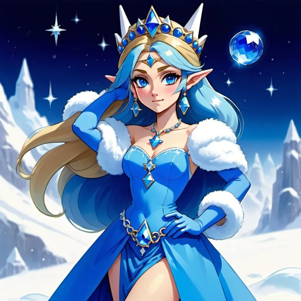 Prompt: Princess zelda, Heavy snow, Giant Blue Orb in Sky, Long Straight Blue hair, Ice crystal tiara, Thick bushy blue eyebrows, medium sized nose, plump diamond shape face,  Blue lipstick, ethereal blue eyes, Triangle Star earrings, soft ears, Large blue plastic chain around neck, Blue heart necklaces, blue candy shaped rings, Large blue fur coat with blue plastic gloves. Long Blue Skirt with moons.