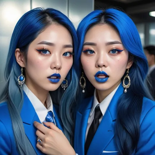 Prompt: a picture of 2 korean women with long blue hair, posing together large blue eyes wearing blue suits, blue eyeshadow, and blue lipstick coughing at the camera, blue makeup, jewerly on hands, Artgerm, fantasy art, realistic shaded perfect blue face, a detailed painting, modern newsroom background, 30 years old, blue lipstick 