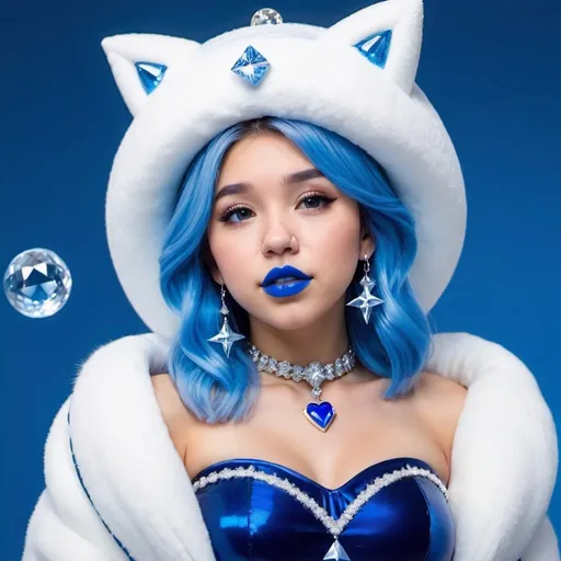 Prompt: Pokimane, Heavy snow, Giant Blue Orb in Sky, Long Straight Blue hair, Ice crystal tiara, Thick bushy blue eyebrows, medium sized nose, plump diamond shape face,  Blue lipstick, ethereal blue eyes, Triangle Star earrings, soft ears, Large blue plastic chain around neck, Blue heart necklaces, blue candy shaped rings, Large blue fur coat with blue plastic gloves. Long Blue Skirt with moons.