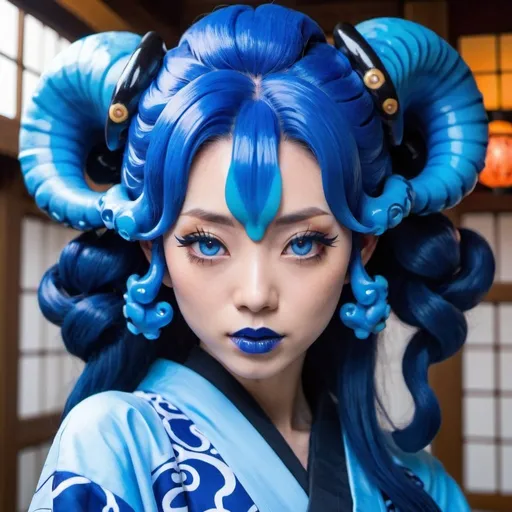 Prompt: Japanese woman, blue tentacle hair, blue eyes, blue lips, octoling ears, thick lips, blue lipstick, blue makeup, long hair, solo, blue kimono