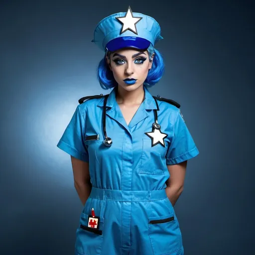 Prompt: 2010s, Egyptian female medic wearing a blue nurse hat, blue lipstick, blue makeup including blue eyeshadow and blue blush, blue hair, blue eyebrows, blue eyes, colourised, blue quarantine suit, full body shot, photography, blue hearts and stars, serious face.