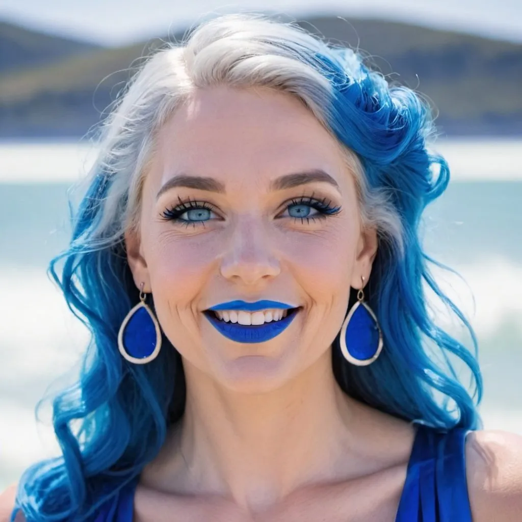 Prompt: Jacqui Heinrich with blue earrings, blue eyes, flowing blue hair, smiling lips with blue lipstick, blue dress, blue makeup, blue eyeshadow. Blue flags behind



