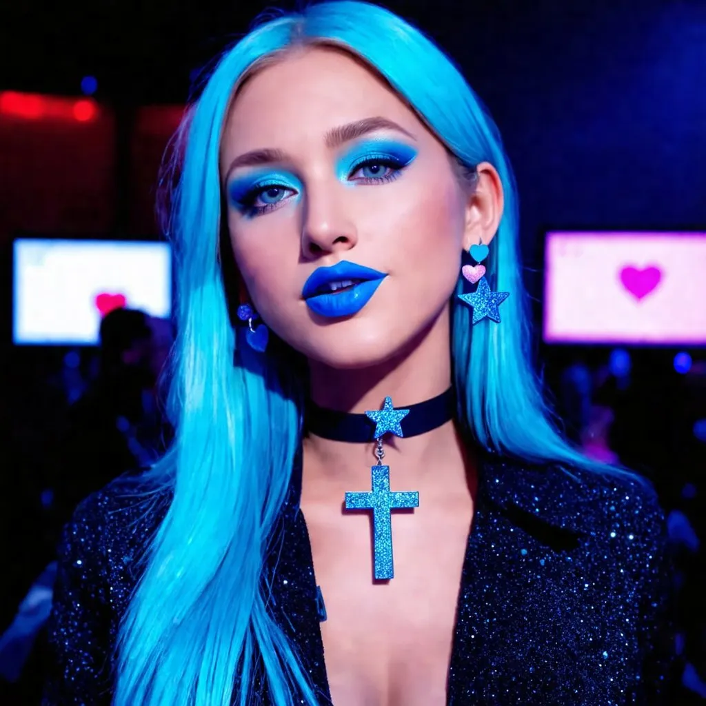 Prompt: 2020s, Kayleigh Mcenany , blue choker, blue eyes, blue hair, blurry, blurry background, disco, party, choker, cross, blue cross earrings, depth of concert hall, blue heart earrings, blue eyeshadow, blue lights, jacket, jewelry, k/da \(league of legends\), lips, blue lipstick, long blue hair, looking at viewer, makeup, tv screens, photo \(medium\), piercing, solo, star \(symbol\), blue star earrings, star print, 