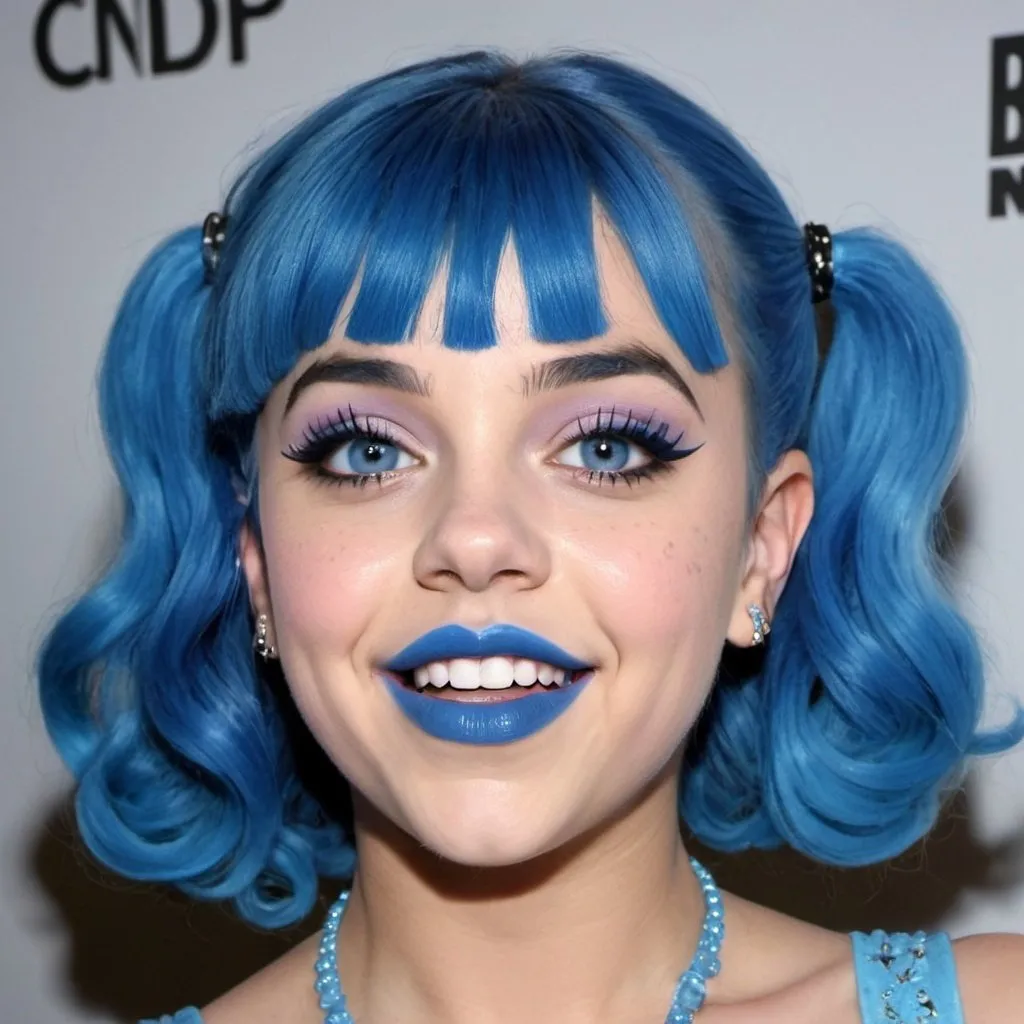 Prompt: Melanie Martinez with blue mullet, blue eyes, flowing blue hair, smiling lips with blue lipstick, blue dress, blue makeup, blue eyeshadow.



