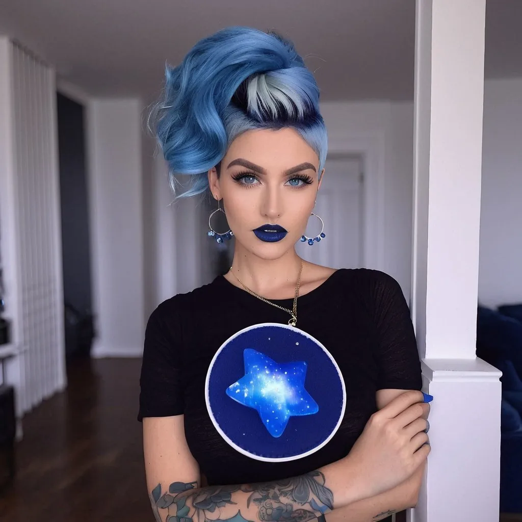 Prompt: 30 year old woman, mother, in living room, blue lipstick, blue hair, Puffy face, long ice nails, Spiral earrings, dark blue plastic dress, blue Star Patch, glowing spoon.  