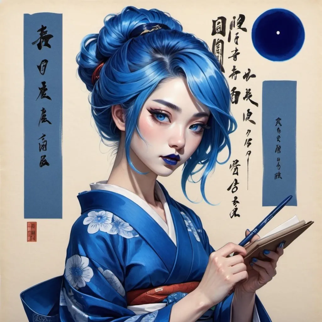 Prompt: A woman, blue hair, blue lipstick, blue kimono, blue eyes, blue eyeshadow, blue face faint, sketch, Japanese legend, on scroll, blue nails, dark blue eclipse behind on scroll paper.