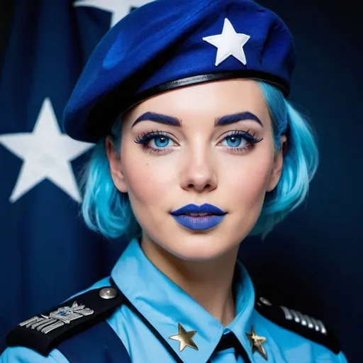 Prompt: 2010s, kim petra as a female officer wearing a blue beret, blue lipstick, blue makeup including blue eyeshadow and blue blush, blue hair, blue eyebrows, blue eyes, colourised, blue uniform beret, full body shot, photography, blue hearts and stars soft smile.
