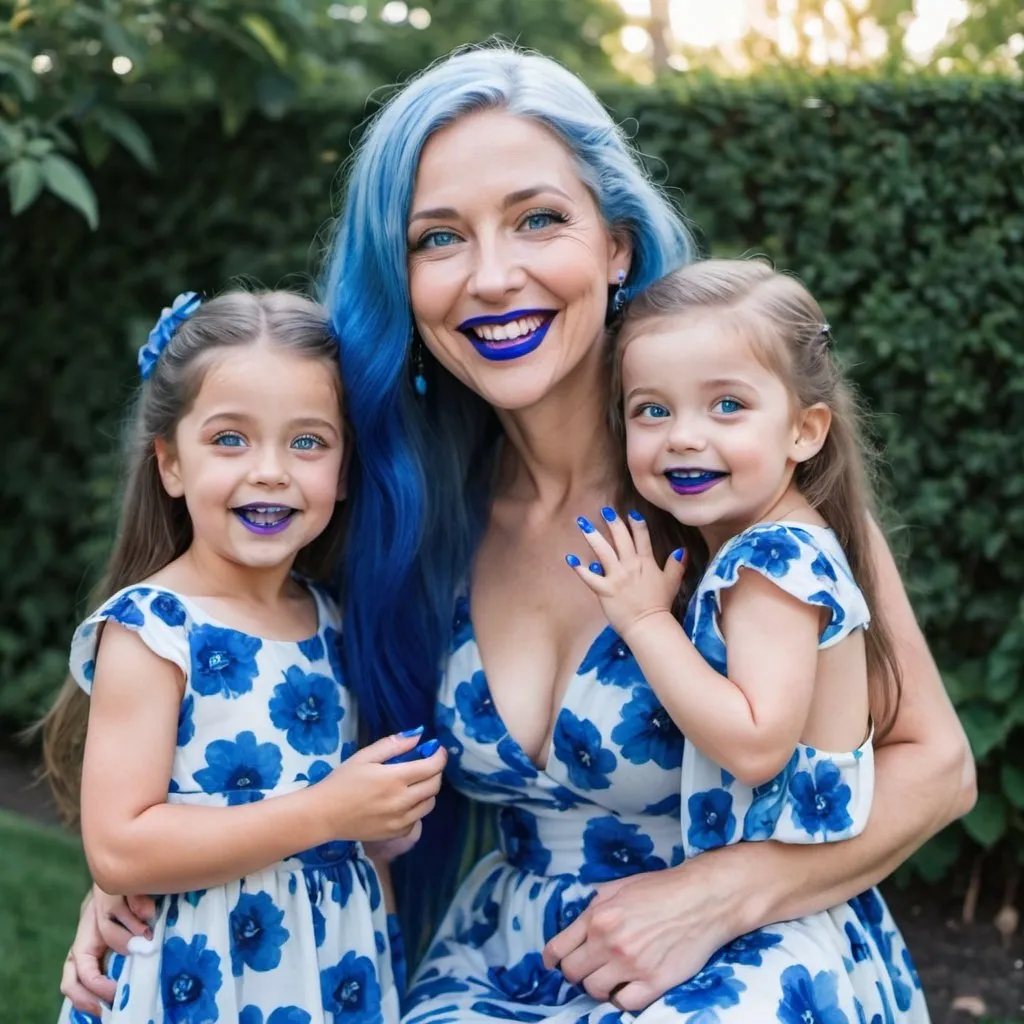 Prompt: A mother raising her children, blue flower dress, blue nails, blue lipstick, blue eyes, blue long hair, smile without teeth, in her backyard.