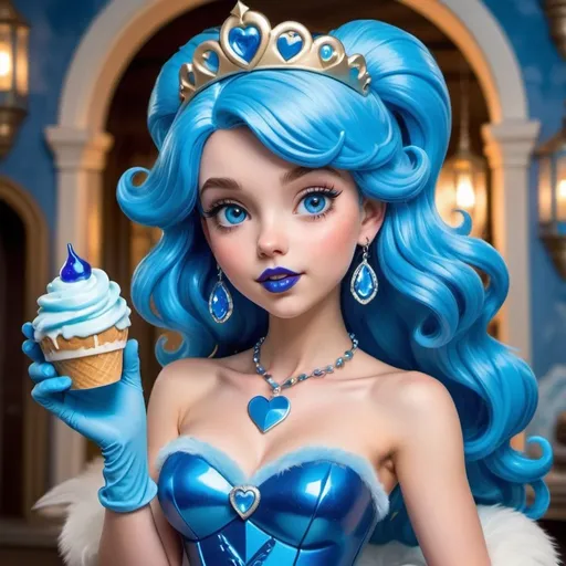 Prompt: Princesses daisy and peach with ultradetailed large shiny blue lips, Blinding blue Heart Earrings, Blue Xtra Large Metal Ball Gown, blue plastic Gloves with blue Fur, Glowing Blue eyes, Artisans Cut, Gleaming blueberry Ice Cream, blue Tiara. Pristine blue hair, confident facial expression, Full eyebrows with blue tint, blue Candy necklace, Wintry Aura, blue Armor Plated Shoulders, Cake Covered blue wand, blue Sharp Nails, coastal castle, Blue Moon. High resolution, Realistic, Cold color scheme, high radiance.