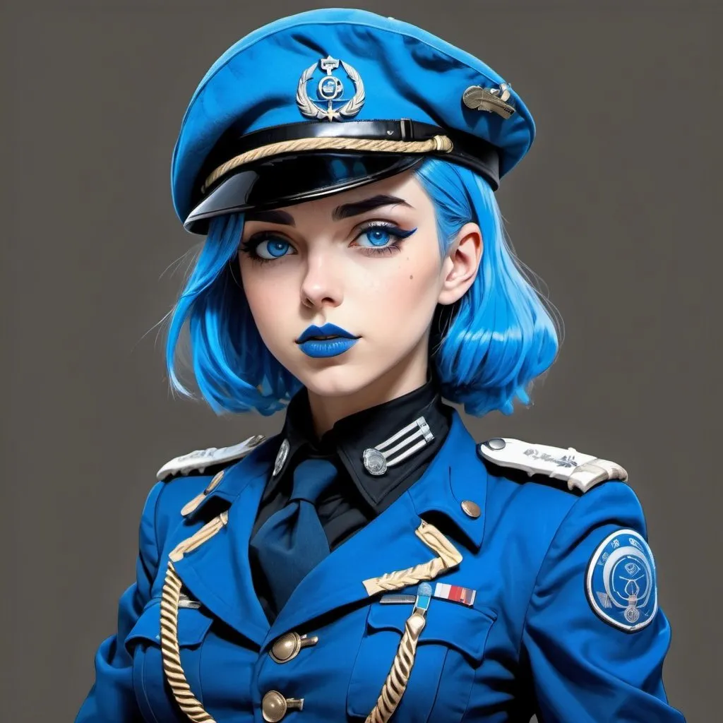 Prompt: Anime Dieselpunk female officer wearing a blue beret, blue lipstick, blue hair, blue eyebrows, blue eyes, colourised, blue uniform beret, full body shot, anime lineart style, 