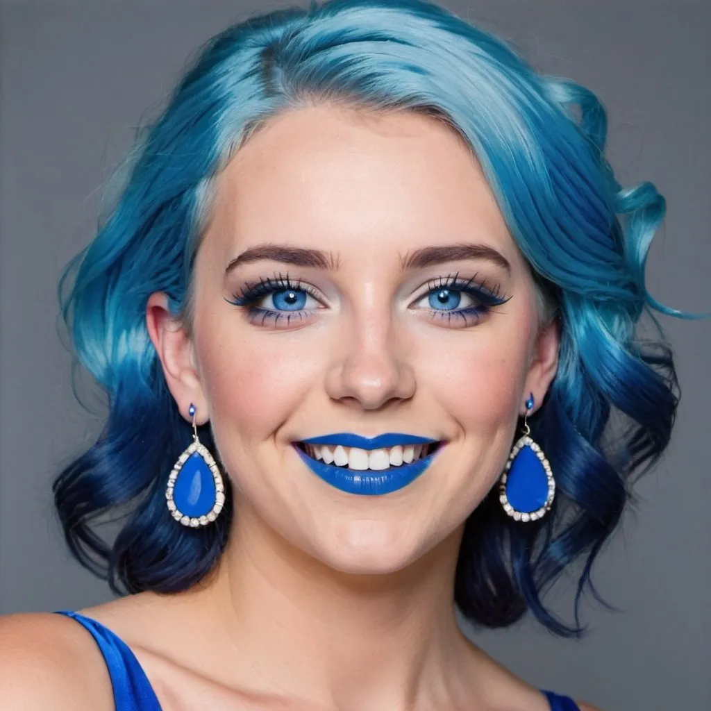 Prompt: Carley Shimkus with blue earrings, blue eyes, blue hair,  blue lipstick, blue dress, blue makeup, blue eyeshadow. smile



