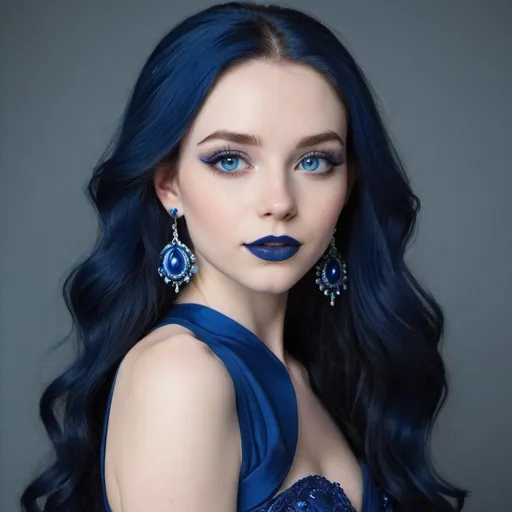 Prompt: Light pale skin, Vibrant dark-blue eyes, very Long blue hair, blue lipstick, blue eyeshadow, blue makeup, blue earrings, dark blue ball gown, Pleased
