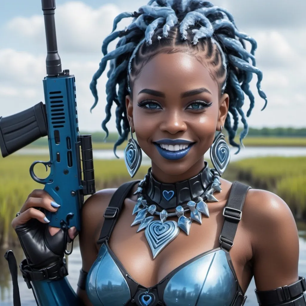 Prompt:  black woman holding a m-4 rifle, blue lipstick, flooded marsh, blue heart necklaces, blue kevlar armor, smile face, blue spiral eyes, blue eyeshadow, long ice earrings. Cold color scheme, ultradetailed, 8k resolution, perfect, smooth, high quality, shiny. 