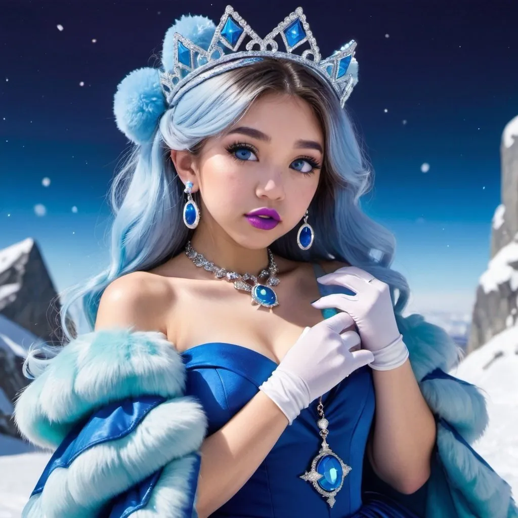 Prompt: Pokimane, Heavy snow, Giant Blue Orb in Sky, Long Straight Blue hair, Ice crystal tiara with Green Flowers, Thick bushy blue eyebrows, medium sized nose, plump diamond shape face,  Blue lipstick, ethereal blue eyes, Triangle Star earrings, soft ears, Large blue plastic chain around neck, Blue heart necklaces, Purple candy shaped rings, Large blue fur coat with Scaley gloves. Long Blue Skirt with moons.