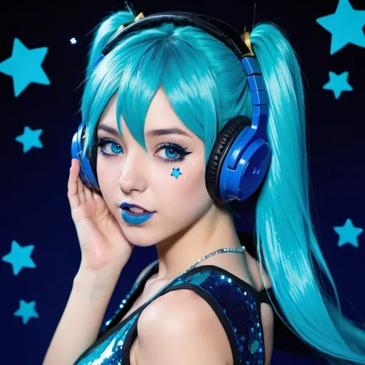 Prompt: 2010s, hatsune miku as a female popstar wearing a blue headphones, aqua blue lipstick, glossy and sparkling lips, blue makeup including blue eyeshadow and blue blush, dark blue hair, blue eyebrows, blue eyes, colourised, blue crop top, full body shot, photography, blue hearts and stars, euphoric.