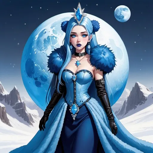 Prompt: GeminiTay, Heavy snow, Giant Blue Orb in Sky, Long Straight Blue hair, Ice crystal tiara with twal Flowers, Thick bushy blue eyebrows, medium sized nose, plump diamond shape face,  Blue lipstick, ethereal blue eyes, Triangle Star earrings, soft ears, Large blue plastic chain around neck, Blue heart necklaces, dark blue candy shaped rings, Large blue fur coat with armor underneath. Scaley gloves. Long Blue Skirt with moons.