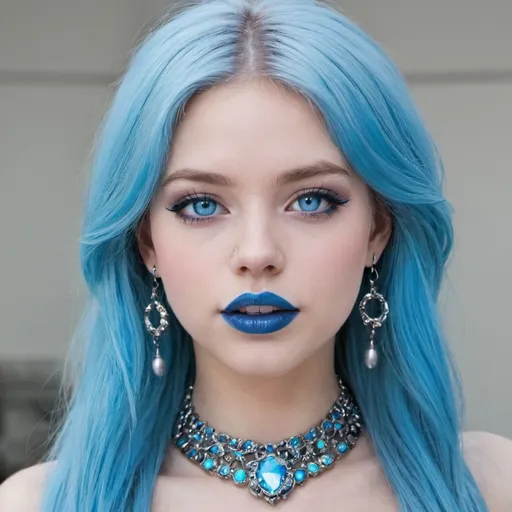 Prompt: 1girl, blue eyes, blue lips, blue skin,  colored skin, eyeshadow, jewelry, lips, lipstick, long hair, makeup, necklace, nose, solo, teeth