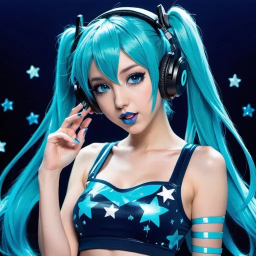 Prompt: 2010s, hatsune miku as a female popstar wearing a blue headphones, aqua blue lipstick, glossy and sparkling lips, blue makeup including blue eyeshadow and blue blush, dark blue hair, blue eyebrows, blue eyes, colourised, blue crop top, full body shot, photography, blue hearts and stars, euphoric.