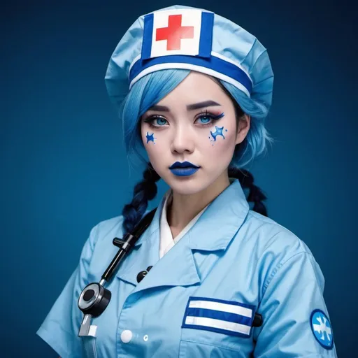 Prompt: 2010s, Chinese female medic wearing a blue nurse hat, blue lipstick, blue makeup including blue eyeshadow and blue blush, blue hair, blue eyebrows, blue eyes, colourised, blue quarantine suit, full body shot, photography, blue hearts and stars, sad.