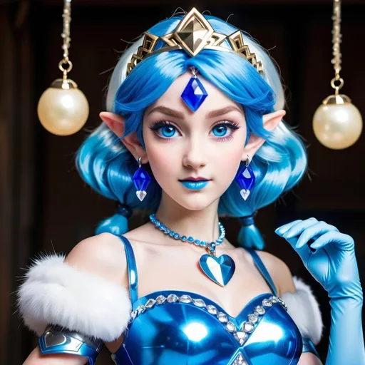 Prompt: Princess Zelda with ultradetailed large shiny blue lips, Blinding blue Heart Earrings, Blue Xtra Large Metal Ball Gown, blue plastic Gloves with blue Fur, Glowing Blue eyes, Artisans Cut, Gleaming lip gloss, blue Tiara. Pristine blue hair, confident facial expression, Full eyebrows with blue tint, blue Candy necklace, Wintry Aura, blue Armor Plated Shoulders, blue wand, blue Sharp Nails, coastal castle, Blue Moon. High resolution, Realistic, Cold color scheme, high radiance.