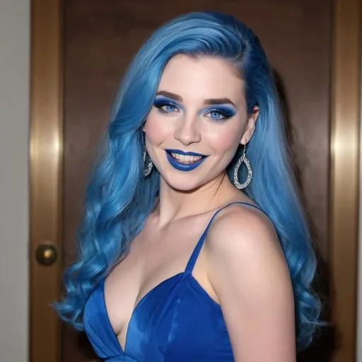 Prompt: Toni Lauren with blue mullet, blue eyes, flowing blue hair, smiling lips with blue lipstick, blue dress, blue makeup, blue eyeshadow. Making a speech



