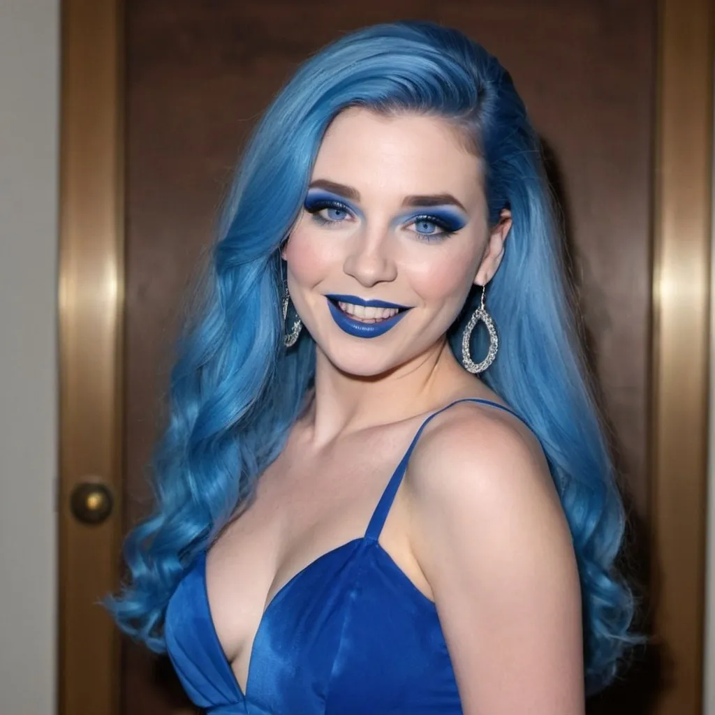 Prompt: Toni Lauren with blue mullet, blue eyes, flowing blue hair, smiling lips with blue lipstick, blue dress, blue makeup, blue eyeshadow. Making a speech



