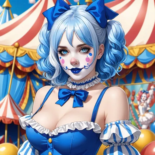 Prompt: anime woman, blue lolita clown, white face, blue hair, blue eyes, blue nose, blue cheek, bigbreast, spandex bodysuit, clown bodysuit, blue lipstick, circus tent background,