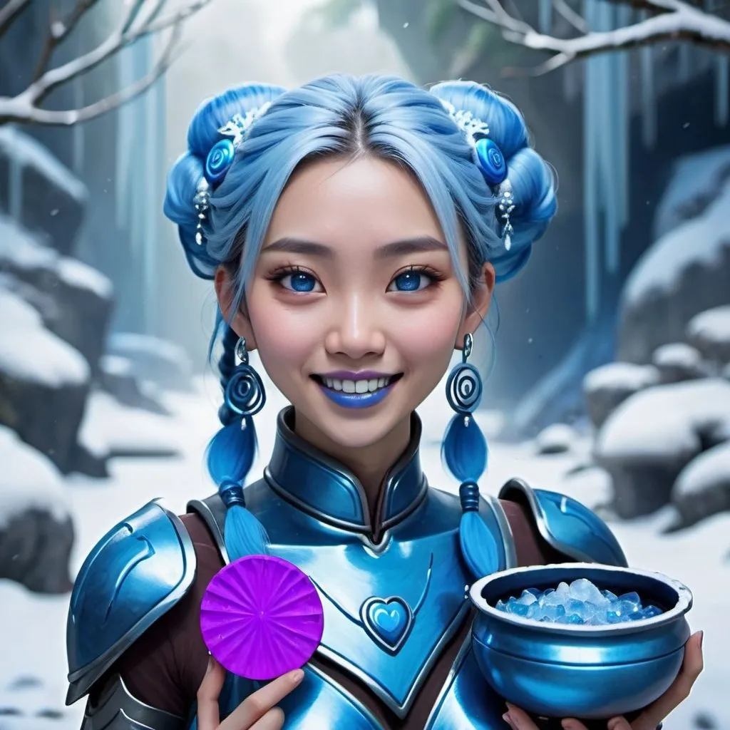 Prompt: Chinese woman holding a pot, blue lipstick, snowy jungle, blue heart necklaces, blue kevlar armor, happy face, blue spiral eyes, blue eyeshadow, long ice earrings. Cold color scheme, ultradetailed, 8k resolution, perfect, smooth, high quality, shiny. 