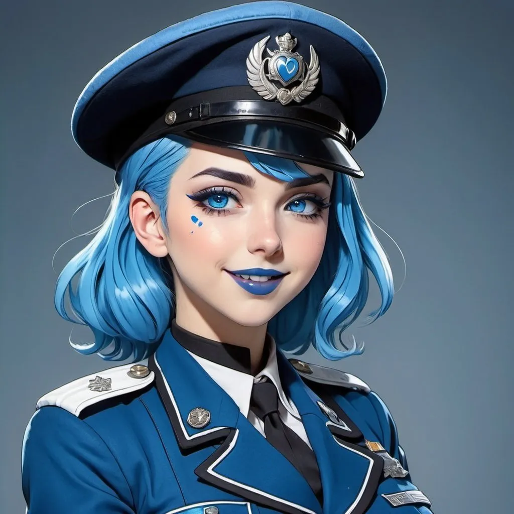 Prompt: Anime Dieselpunk female officer wearing a blue beret, blue lipstick, blue makeup including blue eyeshadow and blue blush, blue hair, blue eyebrows, blue eyes, colourised, blue uniform beret, full body shot, anime lineart style, blue hearts and starssoft smile.