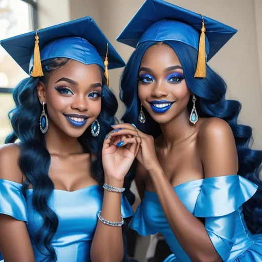 Prompt: a picture of 2 black women with long blue hair, posing together large blue eyes wearing blue ball gowns, blue eyeshadow, and blue lipstick smiling at the camera, blue makeup, jewerly on hands, Artgerm, fantasy art, realistic shaded perfect blue face, a detailed painting, graduation, 18 years old, blue lipstick, graduation hats.